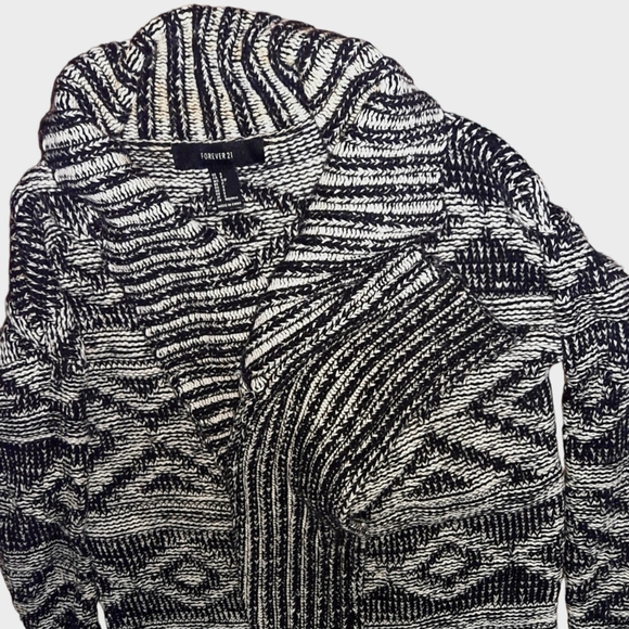 Forever 21 Knit Open Front Cardigan Sweater Heavyweight Long Black & White Small - Picture 8 of 10